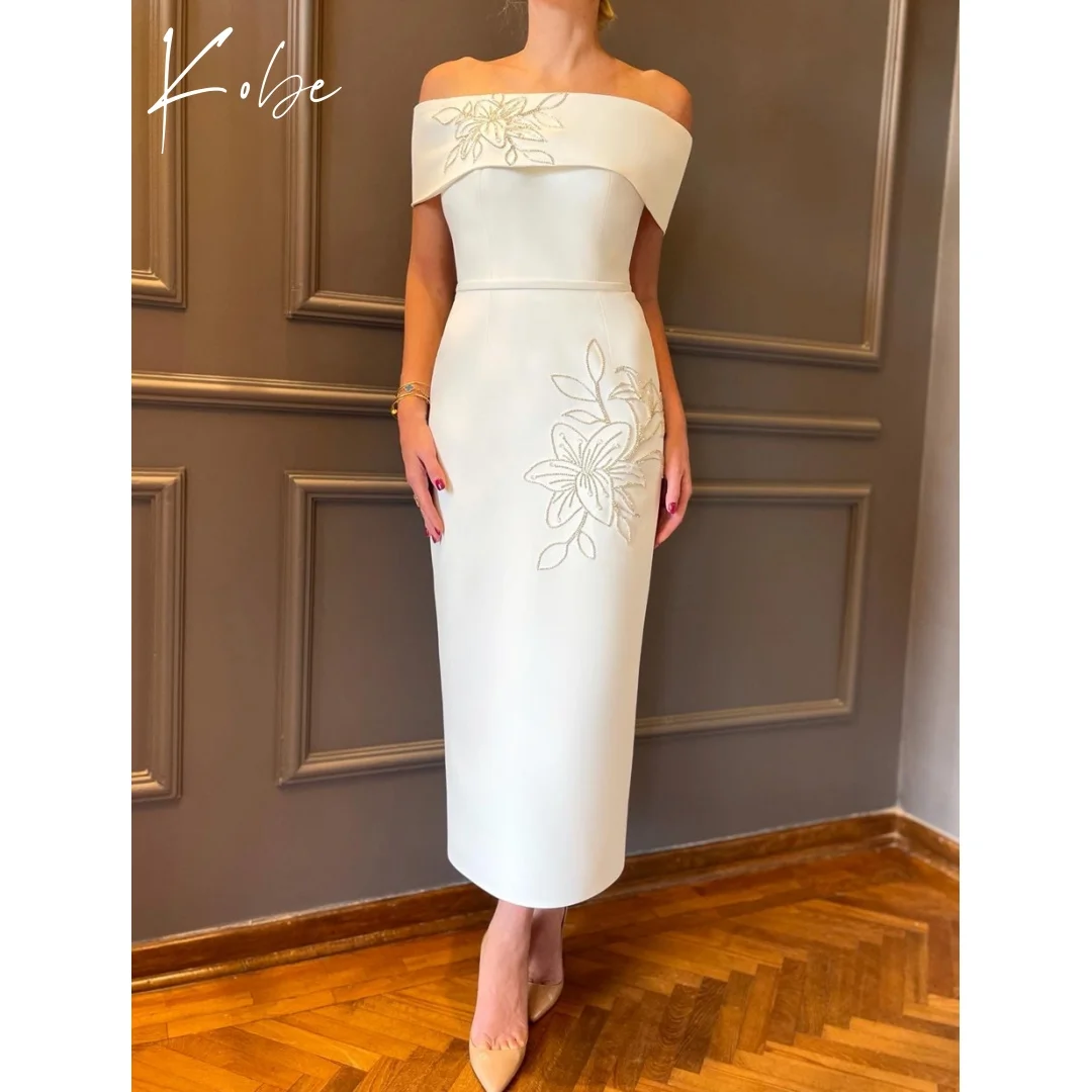 

Kobe White Off Shoulder Prom Dresses Sleeveless Flower Customized فساتين سهرات Ankle-Length Elegant vestido de gala noche mujer
