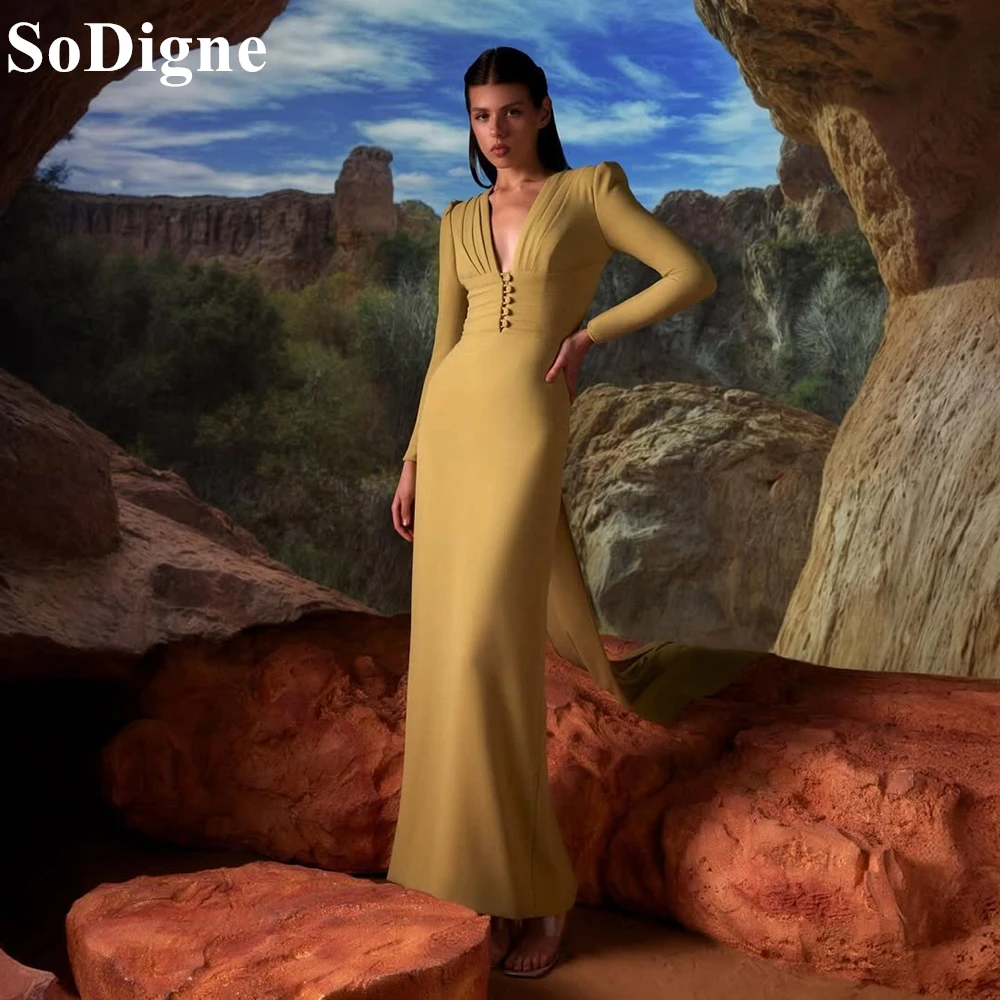 

SoDigne Elegant Gold Evening Dresses Mermaid V-Neck Long Sleeves Draped Party Dress 2025 Ankle Length Formal Prom Gown Customize