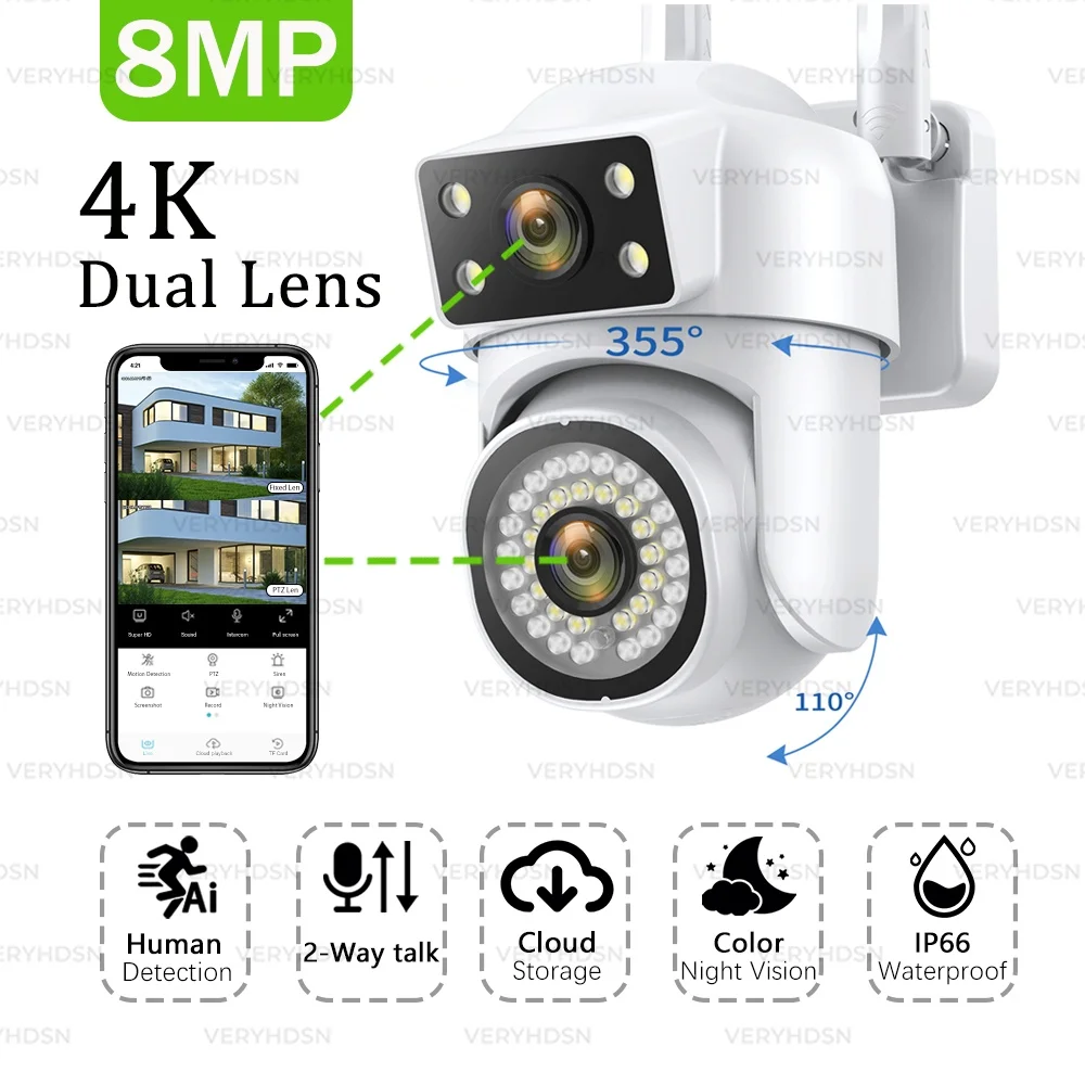 4K 8MP FHD WIFI Camera Smart PTZ Dual Lens Dual Screen Surveillance Camera Full Color Night Vision Auto Tracking Outdoor 8x Zoom