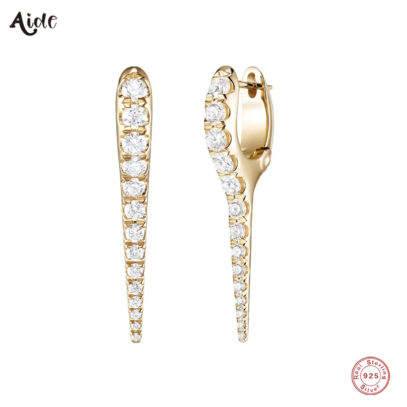 Aide 925 Sterling Silver Micro Pave Zircon Long Spike Cone Hoop Earrings For Women Trendy Rivet Rock Punk Earrings Fine Jewelry