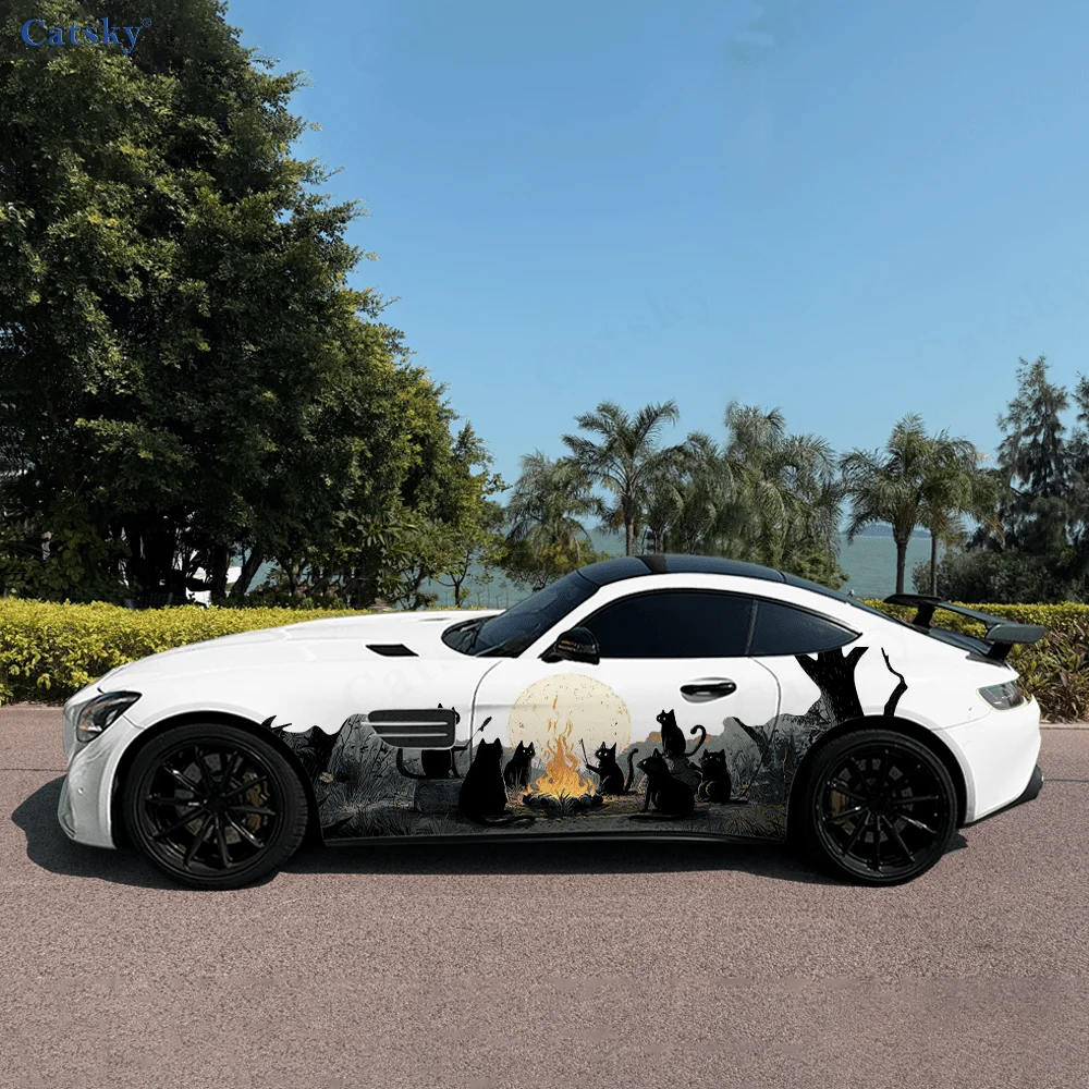 

Sunset Cats Forest Bonfire Car Vinyl Wraps Decal Self-adhesive PVC Sticker Suitable for Trucks SUV Decor Auto Accessories Gift