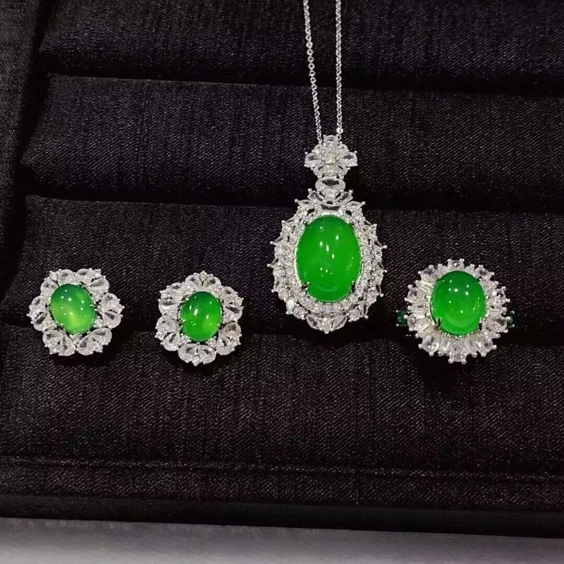 Ice seed white jade marrow inlaid earrings pendant set, green agate women's earrings ring, jade three piece set,temperament gift