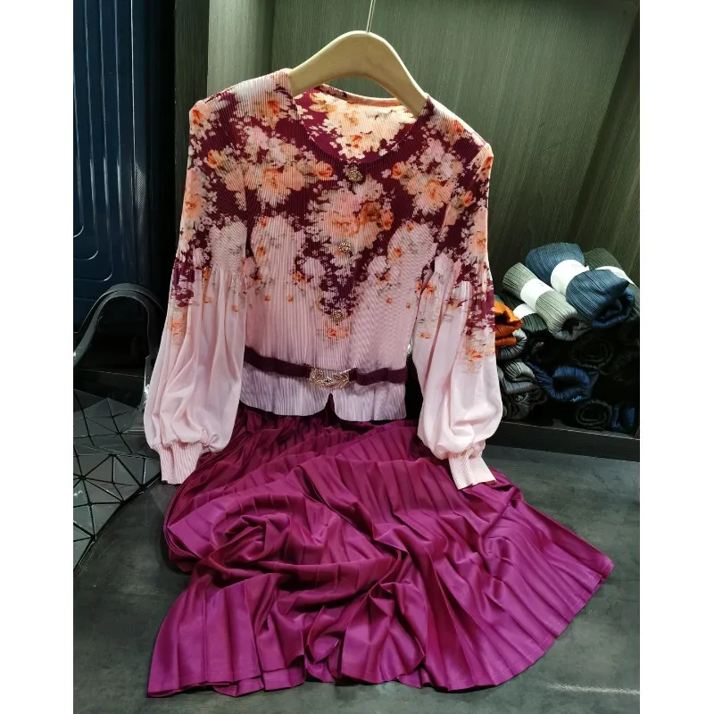 فساتين مياكي ذات ثنيات لخريف 2025 فستان عتيق مطبوع بطيات فستان جديد بأكمام واسعة وخصر نحيف ورقبة مستديرة تنورة طويلة #5