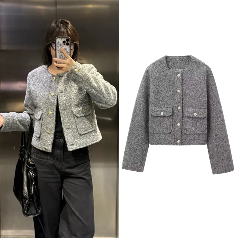 

Women's Jacket 2025 Autumn New Style Gray Long Sleeve Round Neck Button Decor Minimalist Jacket Casual Fashion Warm