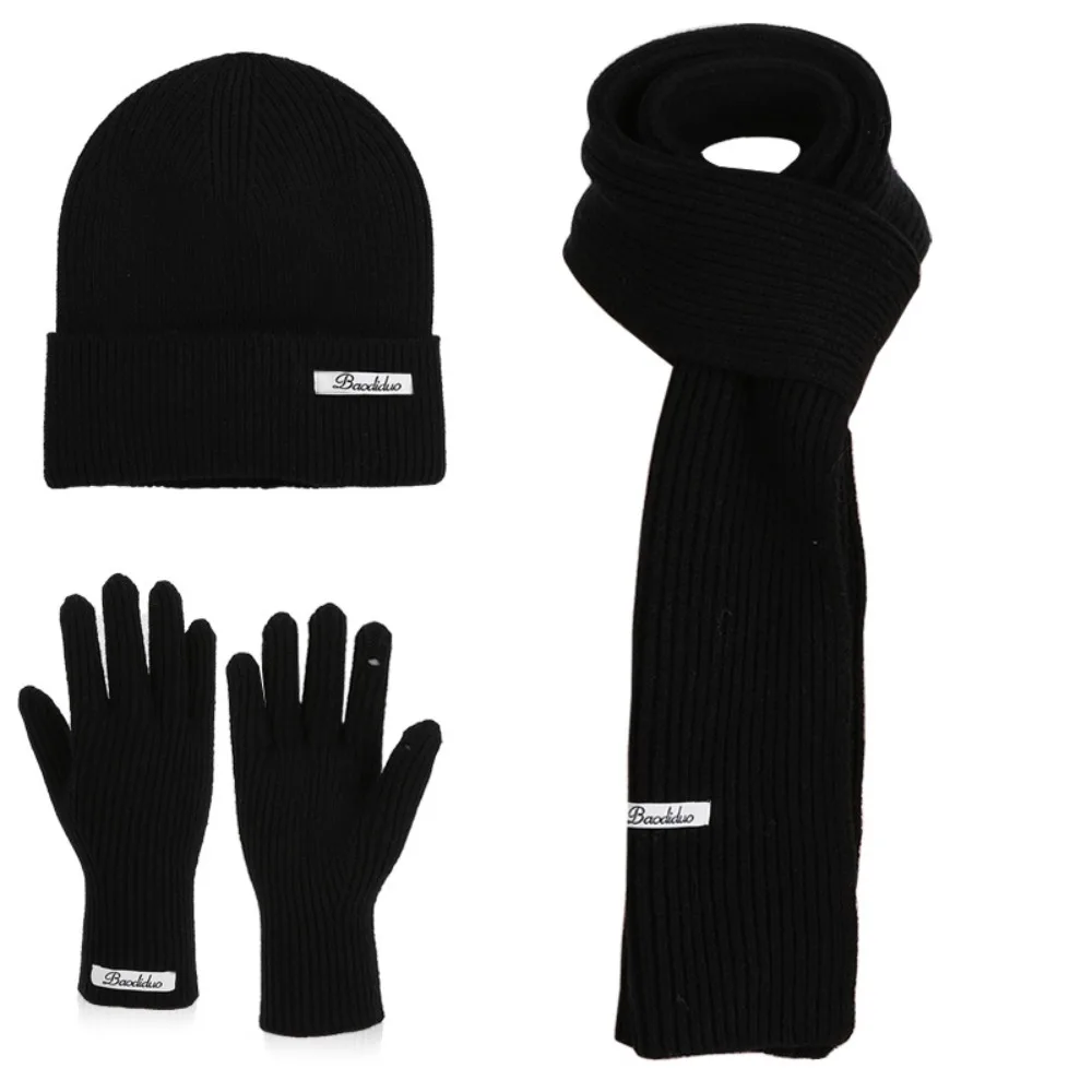 

Thermal Protection Solid Color Hat Scarf Gloves Set Warm Wool Thermal Knit Cap Simple Touch Screen Winter Beanie Hat Outdoor