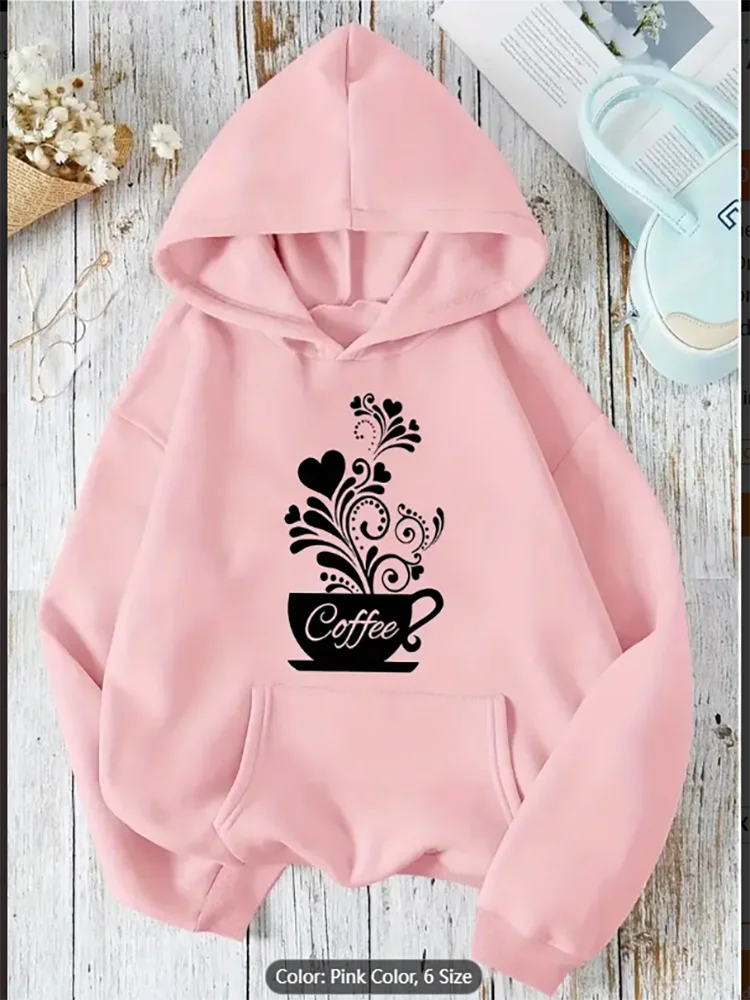 

Womens Cozy Pink Fleece Hoodie Heart Coffee Cup Print Casual Drawstring Hooded Sweatshirt Long Sleeve Front Pocket Pure Cotton