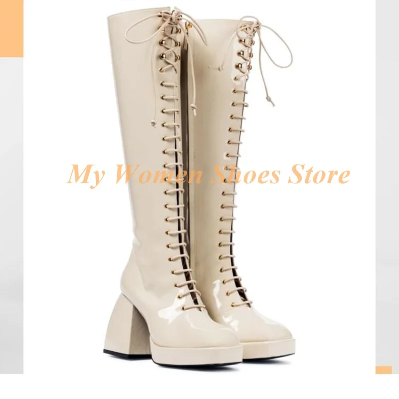 

Lace Up Zipper Platform Boots Block Heel Knee High Beige Black Patent Leather Handmade Runway 2026 Winter Autumn Big Size Shoes