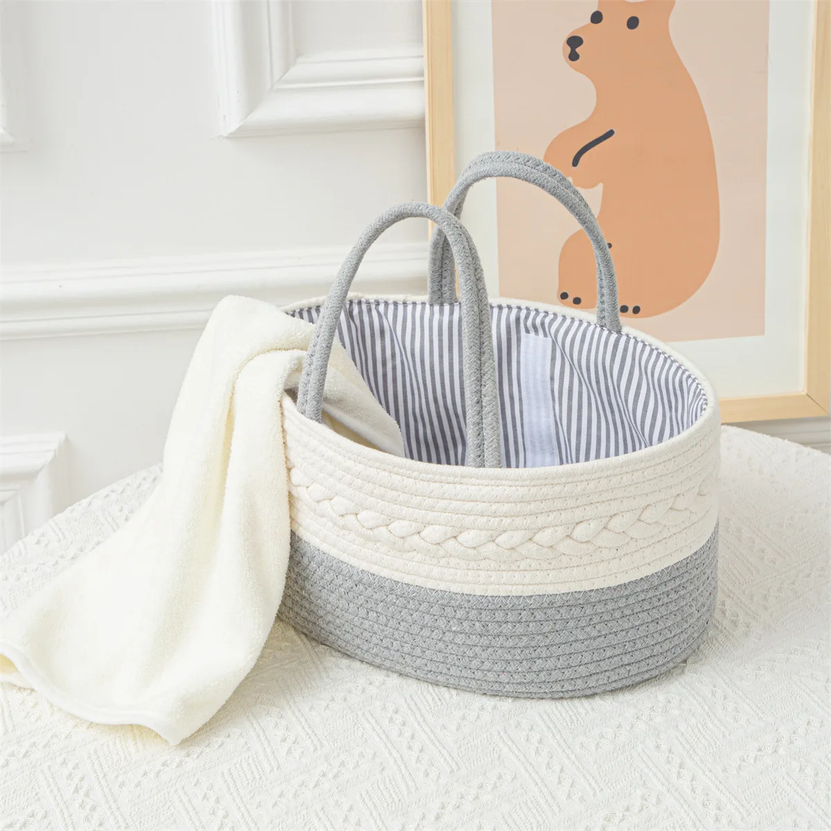 Outdoor Multifunctional Baby Diaper Storage Basket Mommy Bag Cotton Tote Bag Travel Out Storage Nursery Bin Rope Diaper Bag