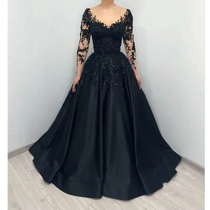 2024  Ladies Robe Party Dresses Black Prom Dresses Embroidered Luxury Satin Prom Dress A-line Corset