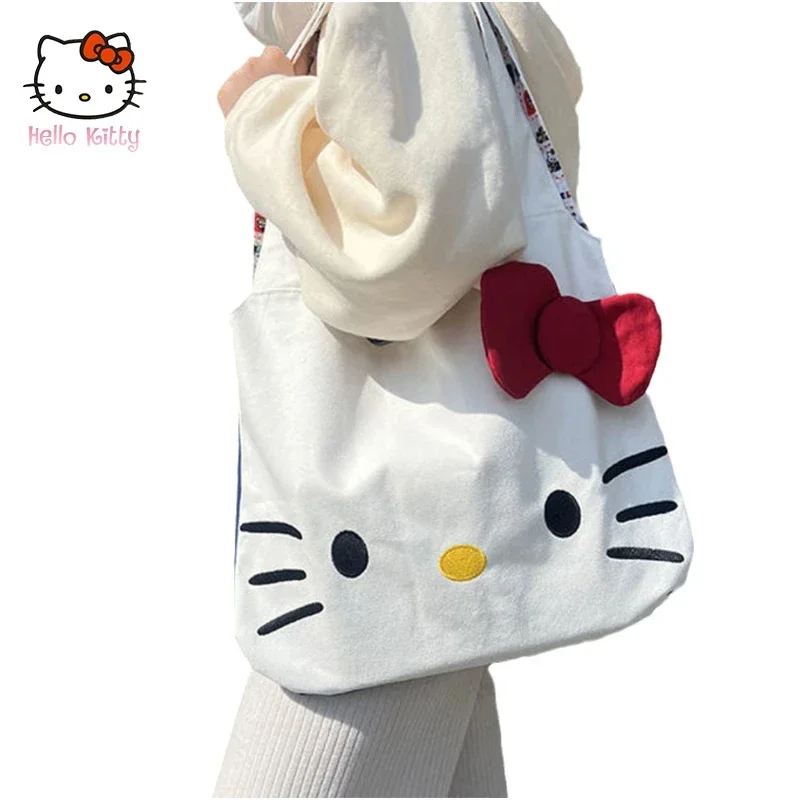 Sanrio Kawaii Hello Kitty Canvas Bags Anime Kt Cat Shoulder Bag Women Casual Tote Foldable Handbag Large Capactiy Storage Bag