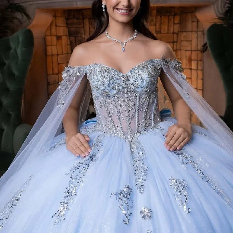 

Shiny Aqua Blue Quinceanera Dress Crystal Glitter Flower Decal off-shoulder Long tail Bow Vestidos De 15 Quinceanera ﻿Customize