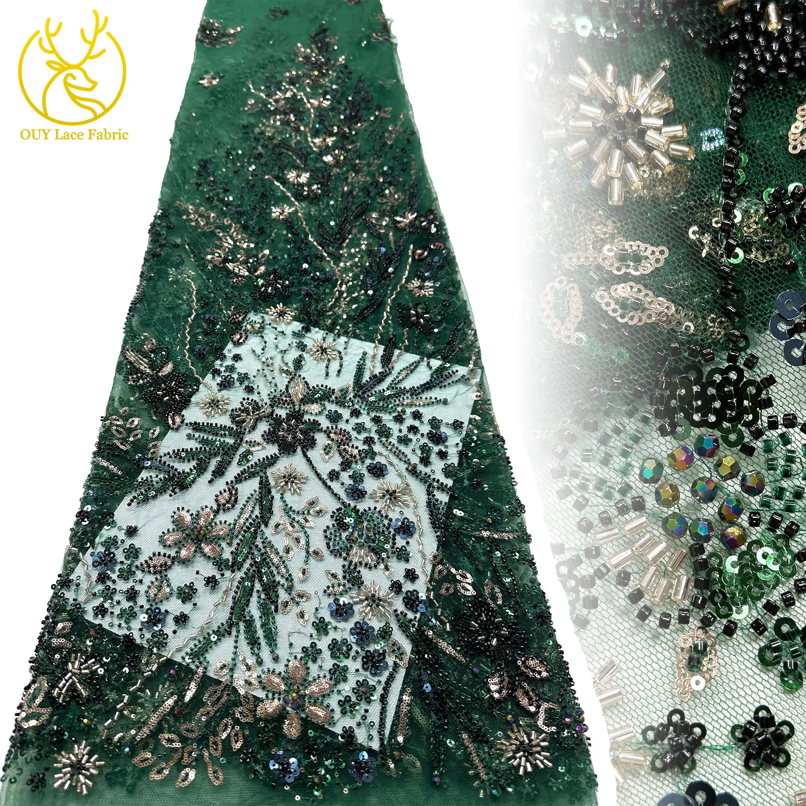 

Green Fei Luxury French Sequin Lace Fabric 2025 High Quality African Mesh Beaded Lace Fabric Party Dress Sewing Material 5Yards