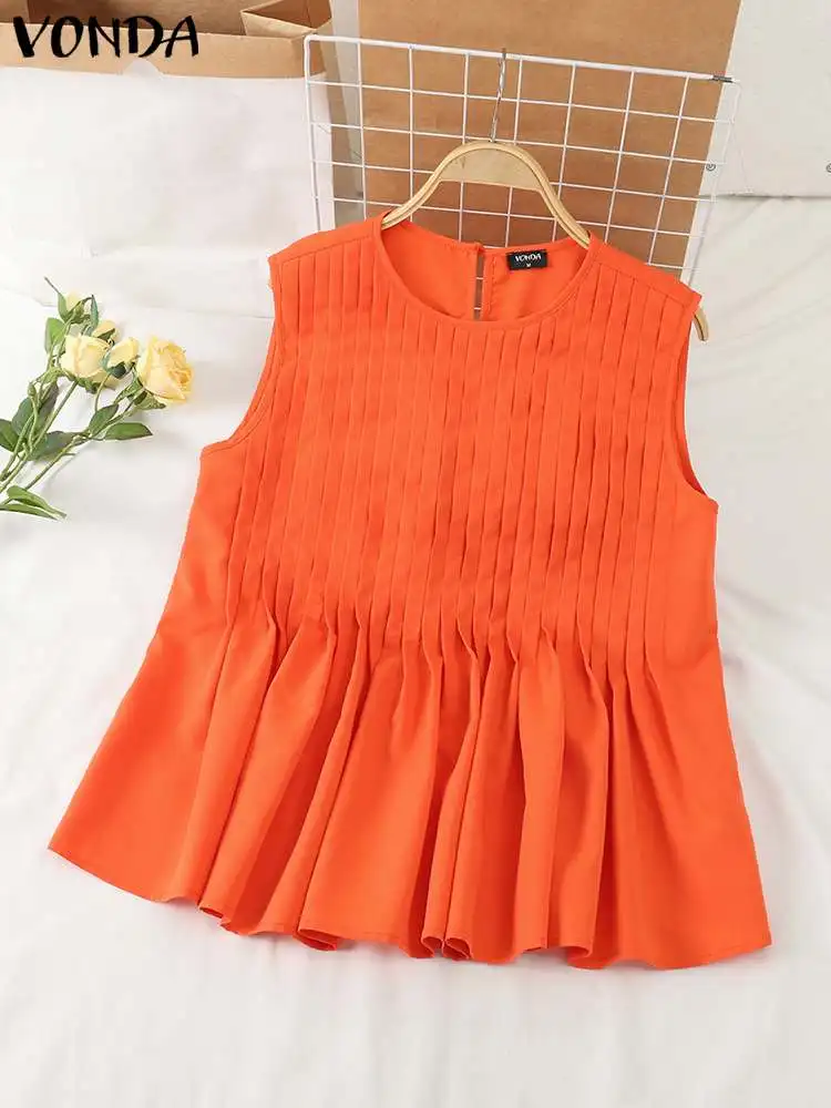 Women Fashion Tanks VONDA Summer Camis Sexy Sleeveless Casual Solid Color Tank Tops 2024 Elegant Tees Pleated O-Neck Loose Shirt