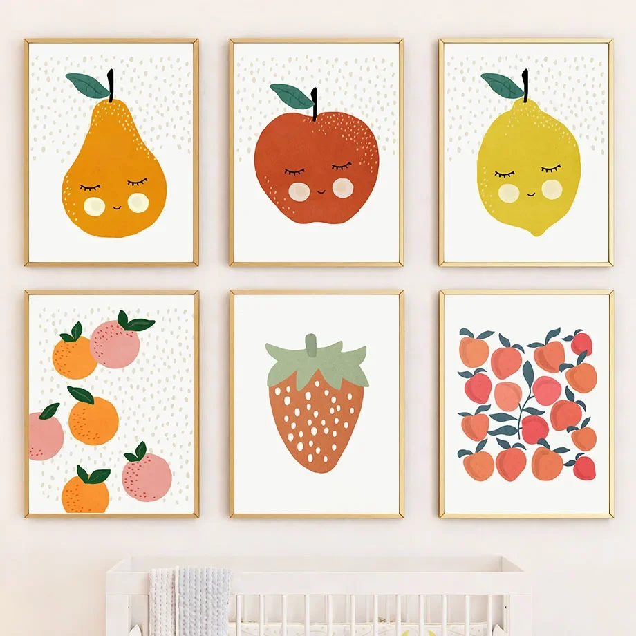Multi-size 1PC frameless high-definition decorative paintings,Colorful Fruits Apple Pear Lemon Strawberry Flower Wall Art Canvas