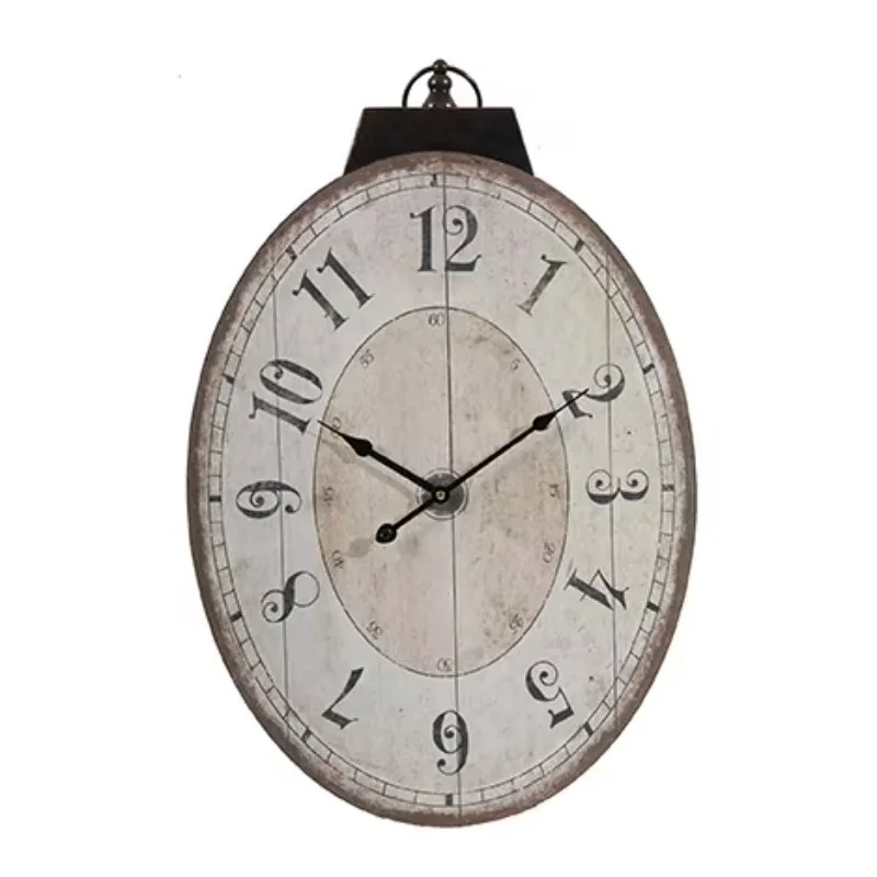 Oval wall clock, rustic style with antique finish, silent non-ticking clock
