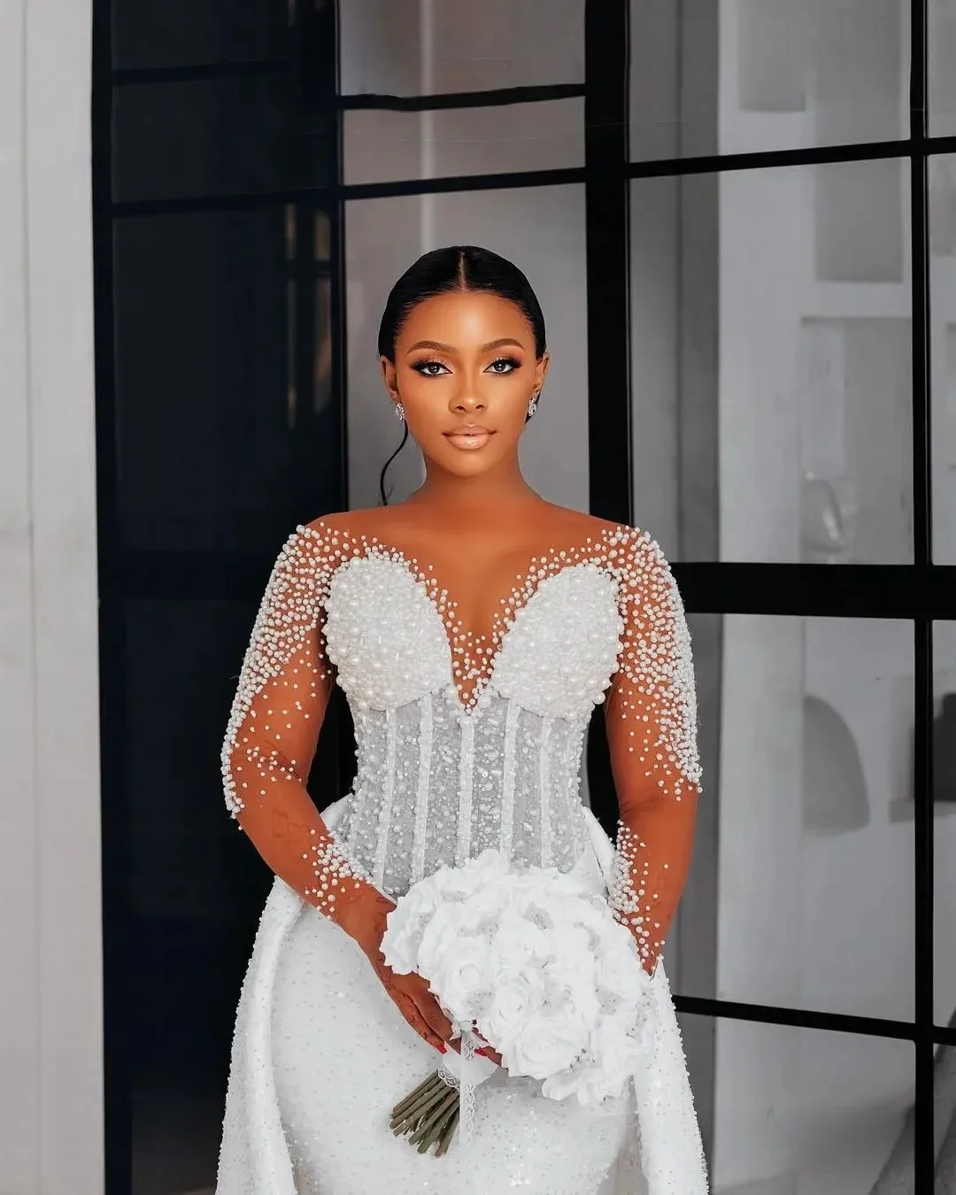 Customized Mermaid Wedding Dress Bride Bridal Gowns Detachable Train Illusion Beaded Lace Crystals Decorations