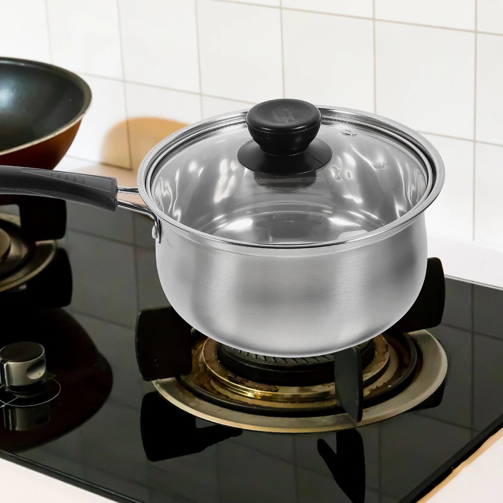 

Stainless Steel Thickened Milk Pot Glass Lid Heat Retaining Cooking Tool For Food Soup Coffee Cookware Mini