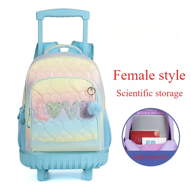 Borsa da scuola con ruote per ragazze Zaino per ragazze di grande capacità Borsa pull up per bambini multifunzionale dal design alla moda