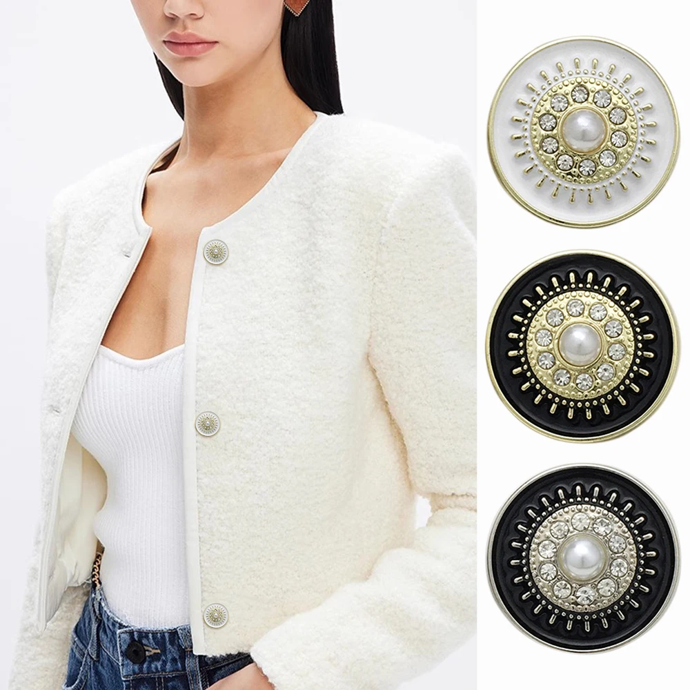 

10PCS 17.5/22.5mm Pearl Rhinestone Flower Metal Buttons, Luxury Coat Blazer Dress Sewing Buttons, 3 Colors, Clothing Accessories