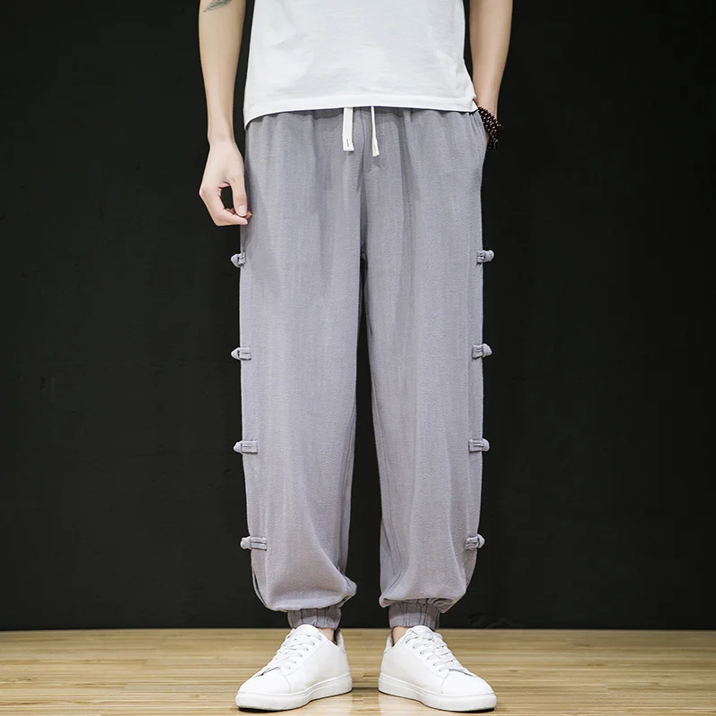 Chinese Traditional Dress Cotton Linen Casual Pants Plus Size Jogging Pants Men Clothing Side Button Harajuku Trousers Joggers