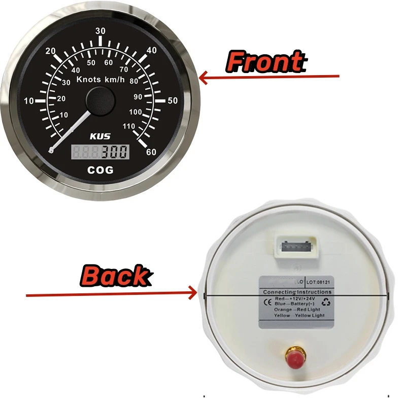 KUS 85mm 0-60Knots GPS Speedometers 0-110Km/H Speed Indicators Cog 0-360 White Devices with GPS Antenna Red Backlight for Boat