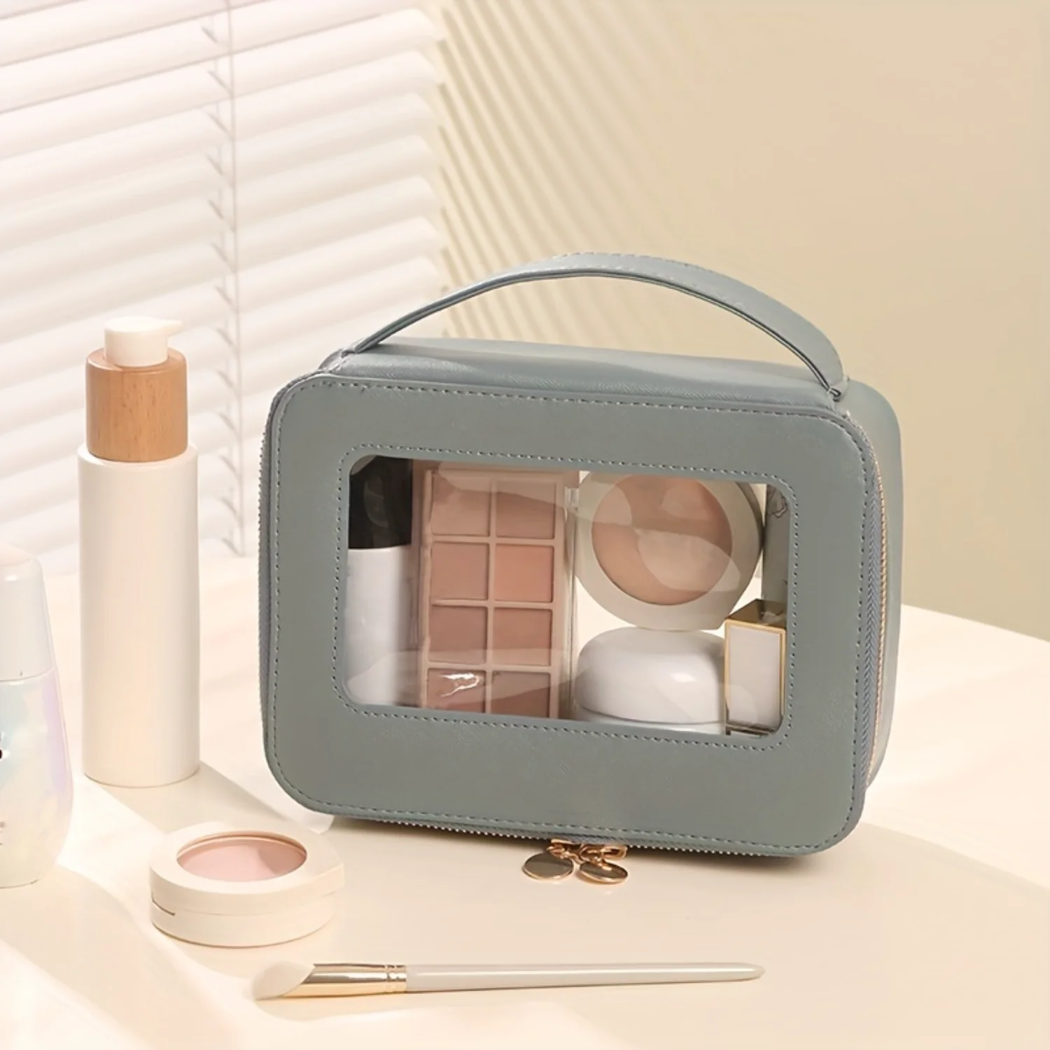 Lightweight Makeup Zipper Handbag With Clear Window, Versatile Toiletry Wash Bag
