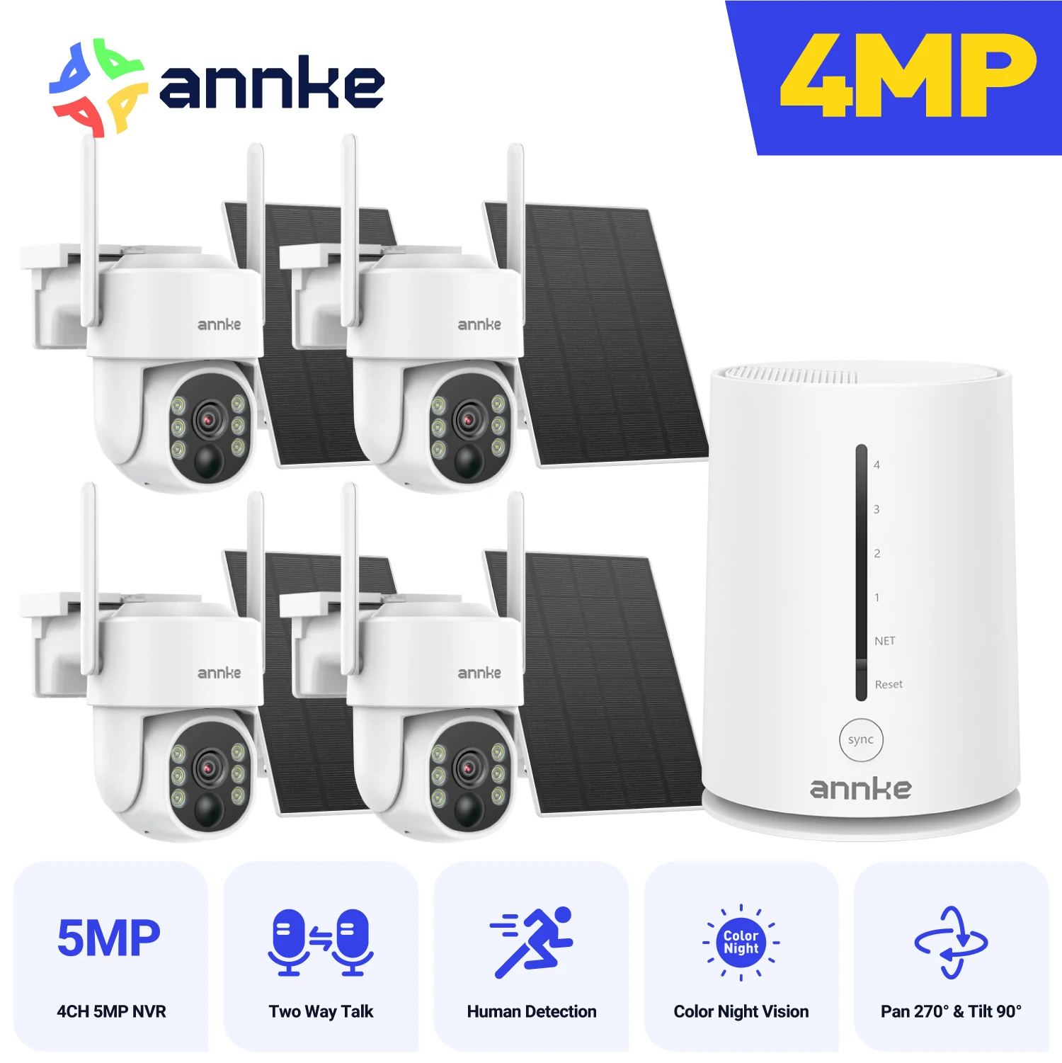 ANNKE 4MP Wireless Solar Security Camera System 4CH 5MP WiFi NVR, 4MP Wire-Free PT Outdoor Camera with 9000mAh Battery & Solar Panel, PIR Humanoid Detection, Color Night Vision, 2-Way Audio, IP65
