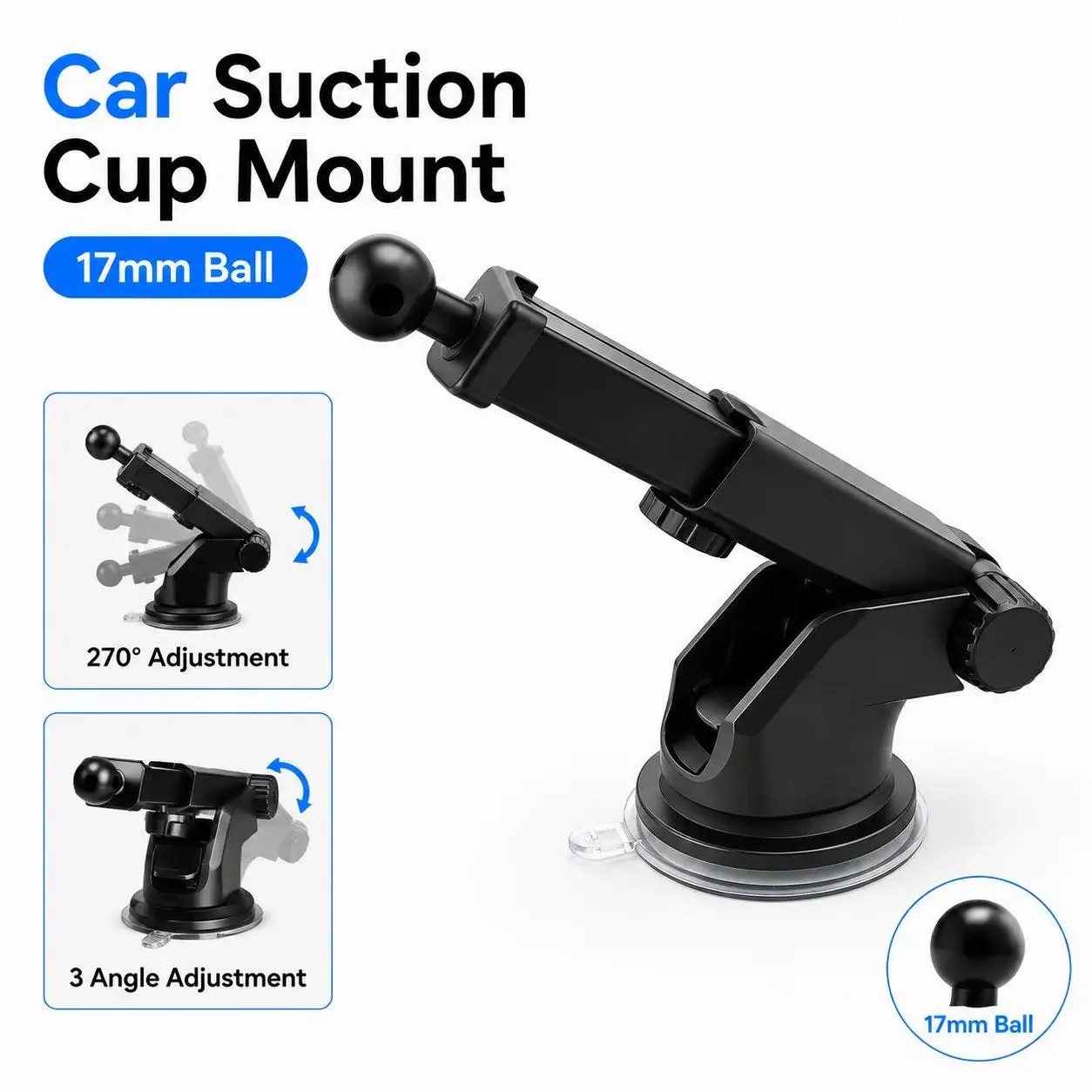 1Pcs 17mm Ball Car Suction Cup Mount Silicone Bracket Black Car Phone Holder ABS Rotating Suction Cup Dashboard Phone Mount