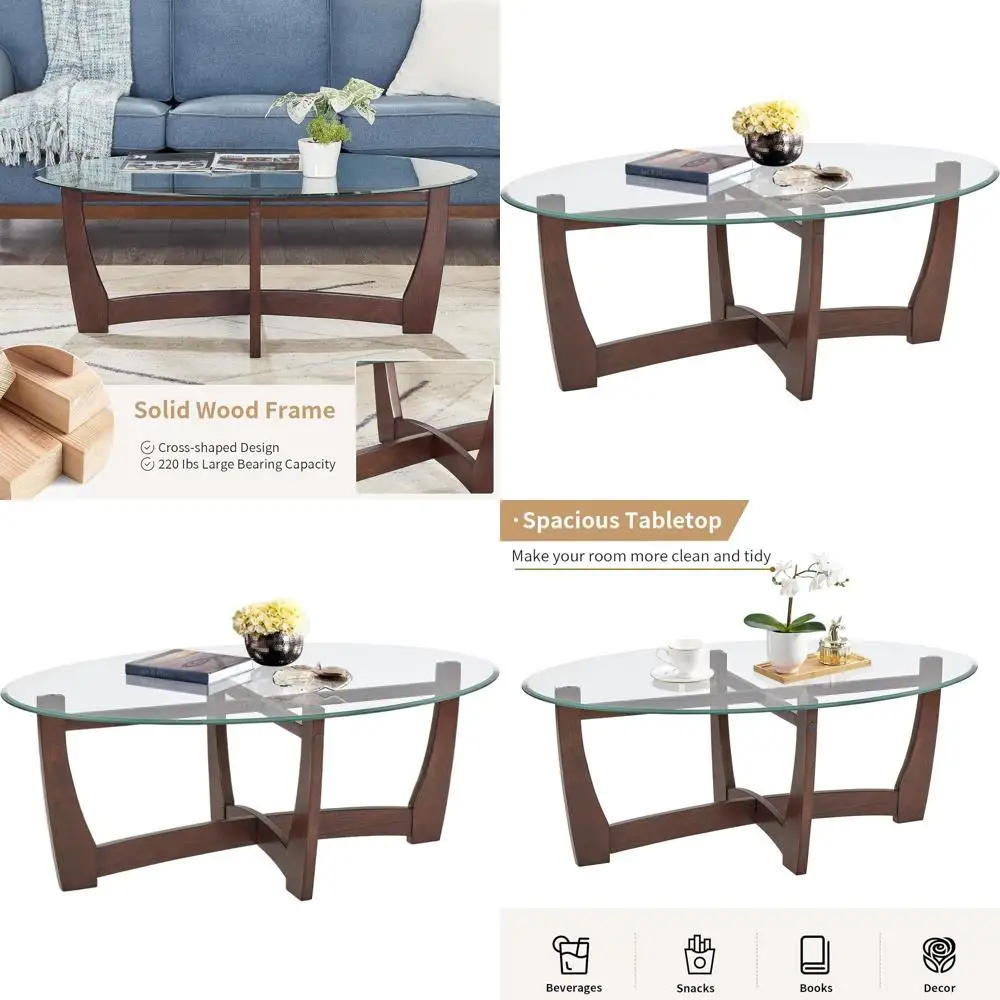 

Овальный журнальный столик из закаленного стекла (48 дюймов) с основанием из массива дерева – современный центральный стол для гостиной или офиса, отделка цвета вишня