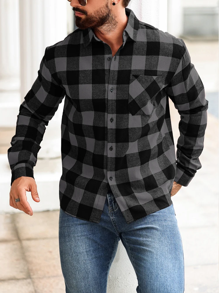 Casual Plaid Woolen Shirt Jackets Mens 2025 Spring Autumn Fashion Button-up Turn-down Collar Cardigans Men Streetwear Shirt Tops