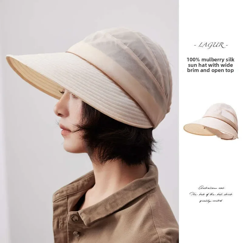 

100% Mulberry Silk Women Wide Brim Sun Hat UPF50+ Anti-UV Breathable Mesh Hollow Top Adjustable Summer Travel Beach Cap