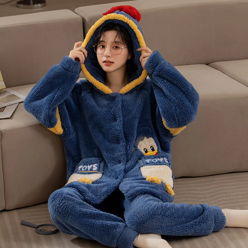 Cartoon Disney Donald Duck Pajamas Winter Hooded Pants Two-piece Warm Women's Pajamas Silk Pajamas Women's Loungewear Set