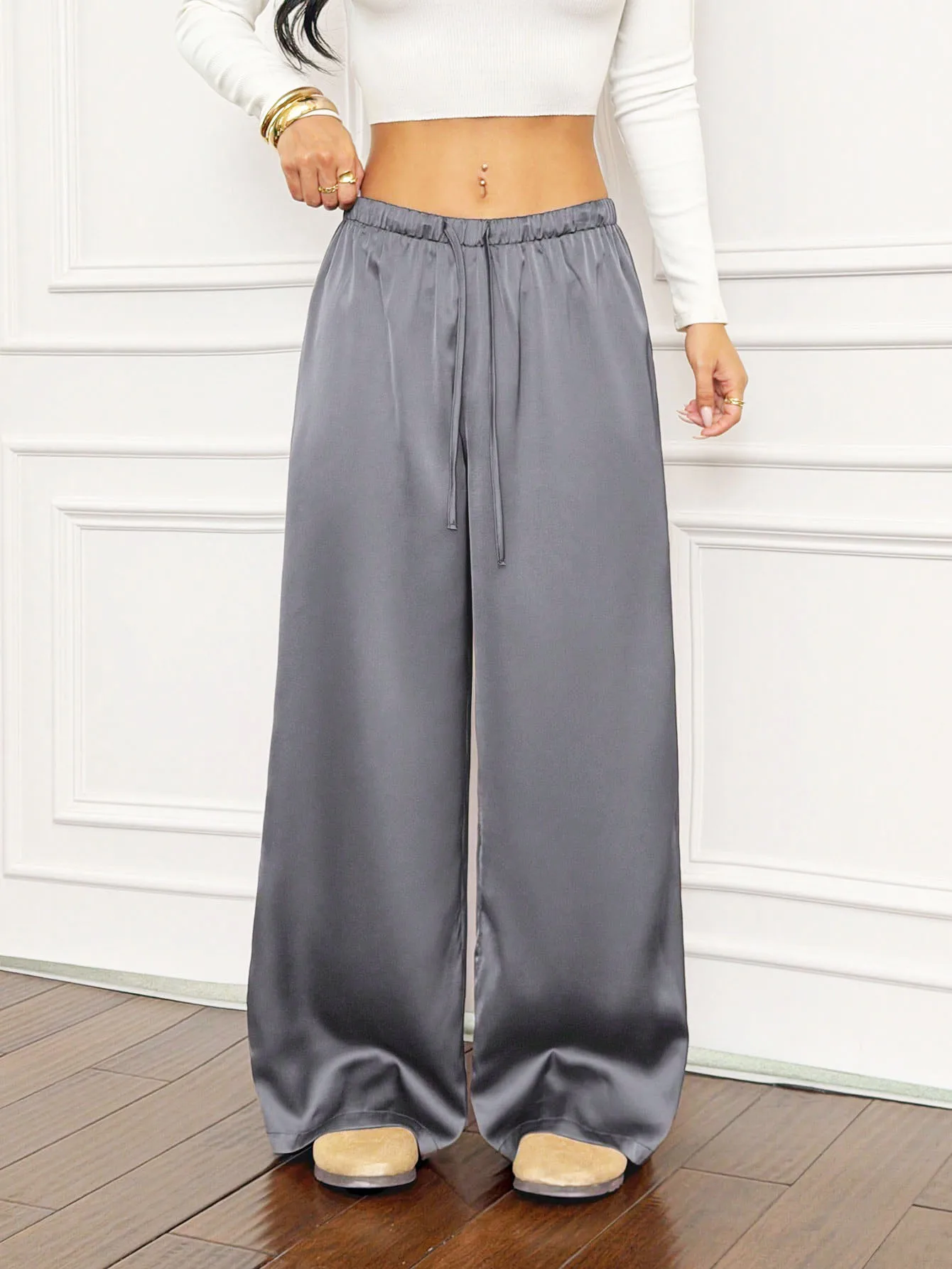 Damen High-Waist Slim-Fit Loose Casual Commute Wide-Leg Hose, frisches Satin-Design mit elastischem Bund, eleganter Stil. – Detail 2
