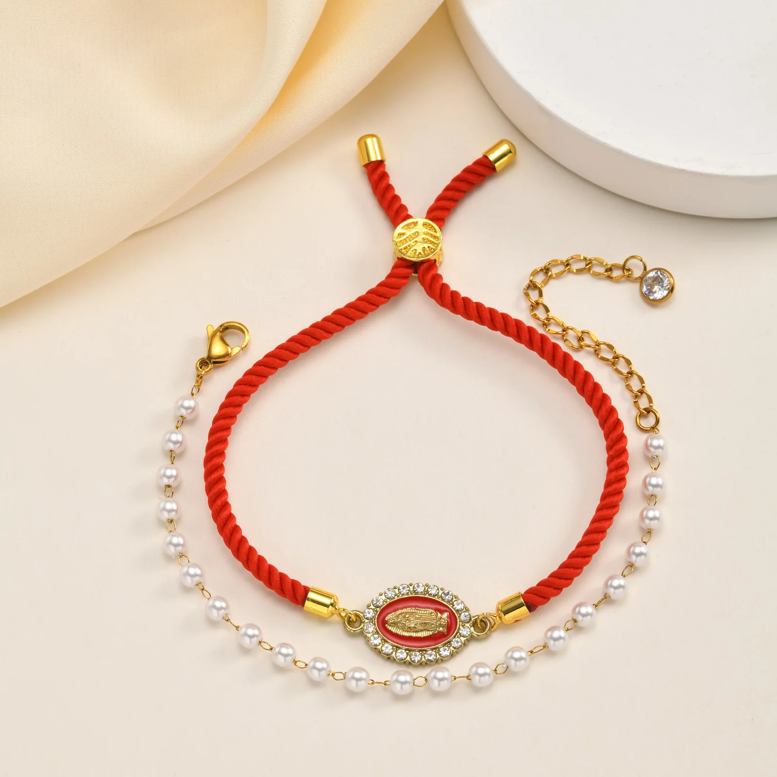 2 Pcs Virgin Mary Bracelet Set for Women, Red String Catholic Medal Faux Pearl Beaded Chain, Gold Color Religious Jewelry Gift