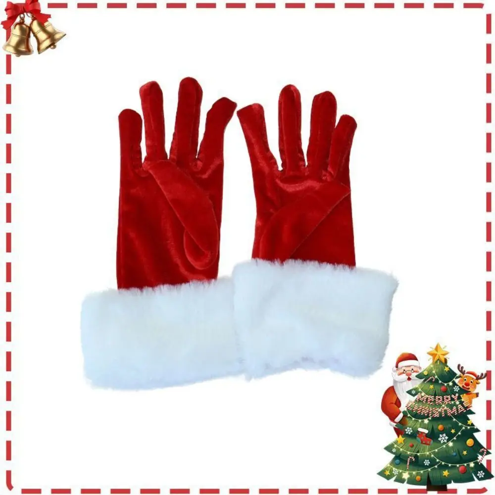Thickened Christmas Gloves Warm White Fur Trim Full Finger Gloves Soft Comfortable To Wear Santa Claus Gloves Fancy Dress Party