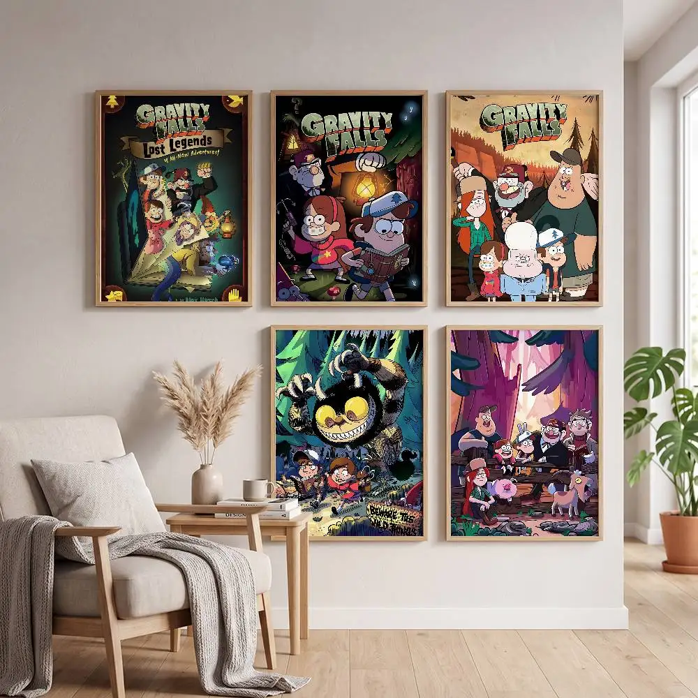 Cartoon Retro G-Gravity Falls Classic Vintage Poster Self-adhesive Art Waterproof Paper Sticker Coffee House Bar Room Wall Decor