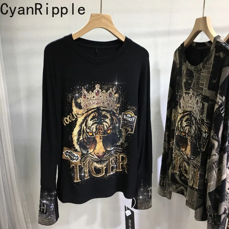 Trendy New Autumn Winter Long Sleeve Basic T-shirt Domineering Tiger Hot Diamonds Round Neck Pullover Top Handsome Women Tees