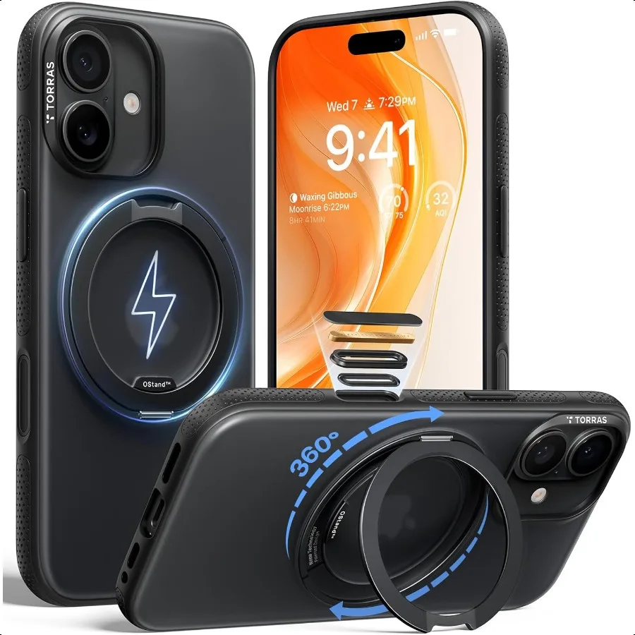 

Магнитная подставка TORRAS 360 для чехла для iPhone 17 [вращающаяся прочная подставка] подходит для MagSafe][4X MilGrade Shockproof] Slim Translu
