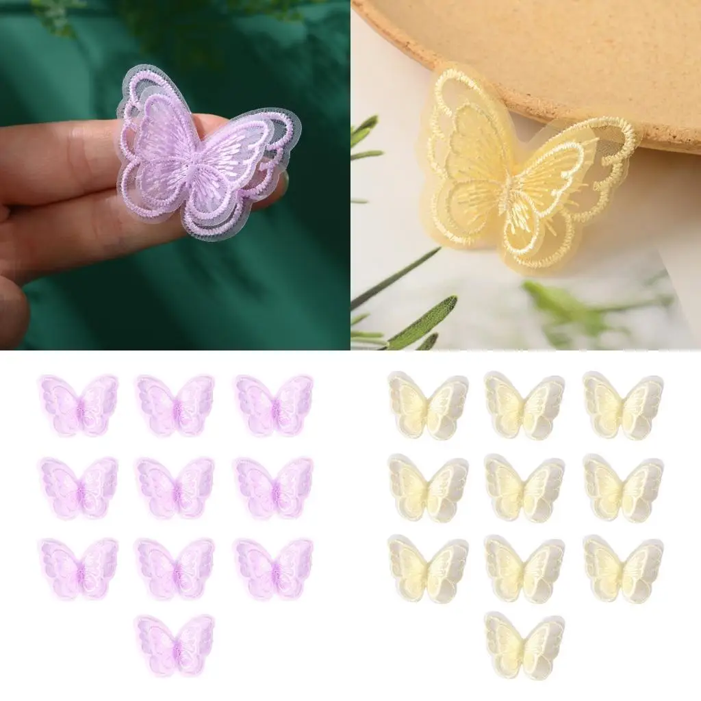 

R1WE 10Pcs Double Layer Butterfly Appliques Sew on Organza Patches Butterfly Embroidered Appliques for Clothing Sewing Craft