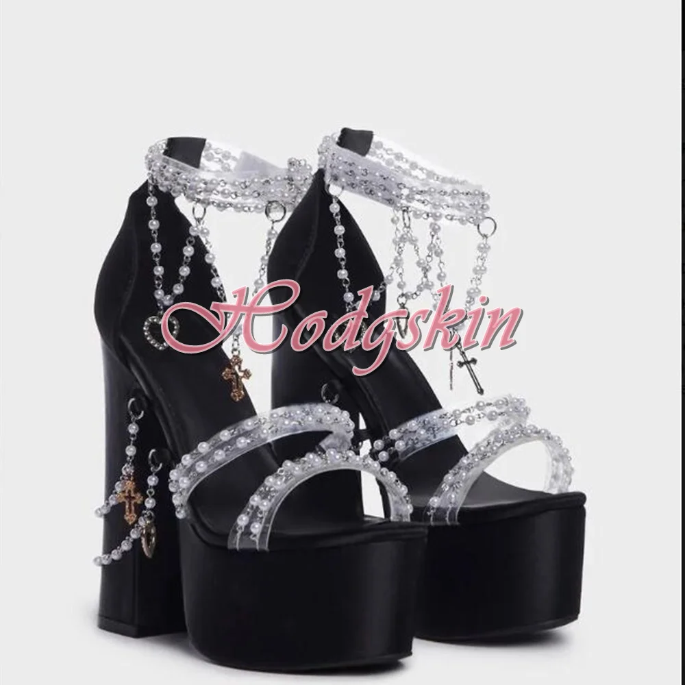 Pearl Chain Crystal Sandals Open Toe Platform Chunky High Heels Solid Sexy Style Sandals Hook And Loop Summer Party Dress Shoes