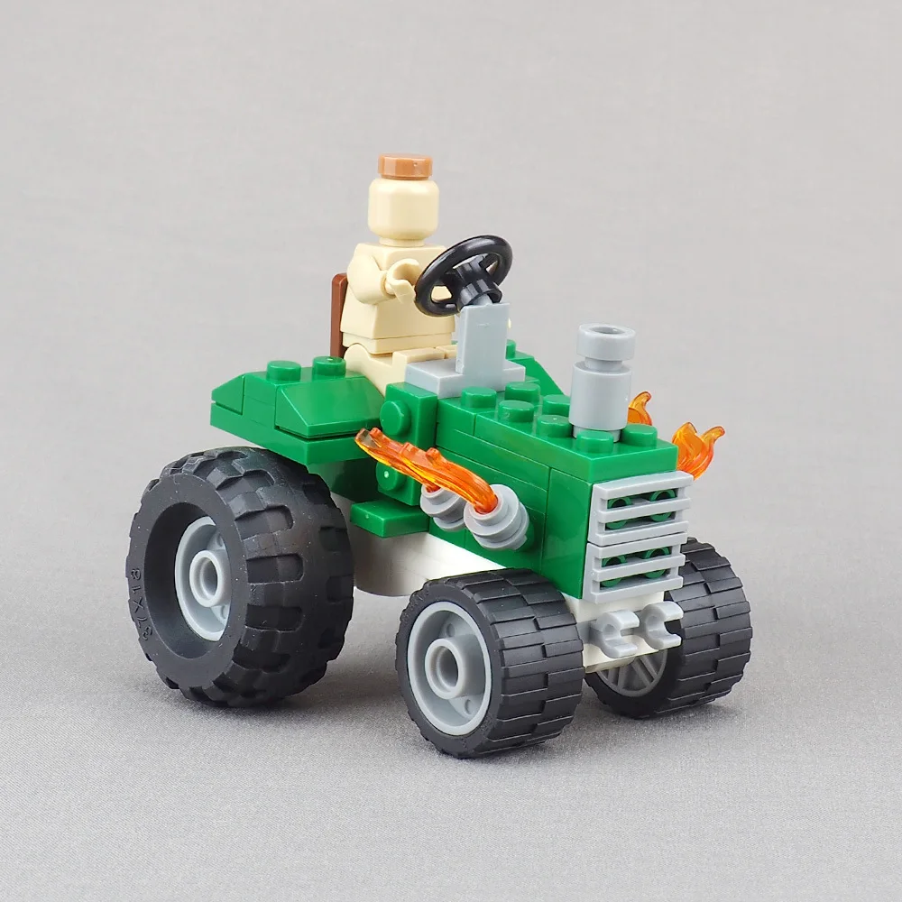 Mini modelo de trator de transporte, blocos de construção, montagem de veículo verde, equipamento de cena, peças de partículas pequenas, brinquedo
