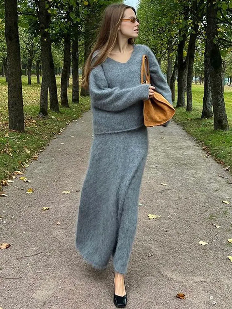 GACVGA Knitted Loose Sweater Top And Skrit Women Long Sleeve Pullover 2024 Autumn Winter Oversize Knitwear Outwear Two Piece Set