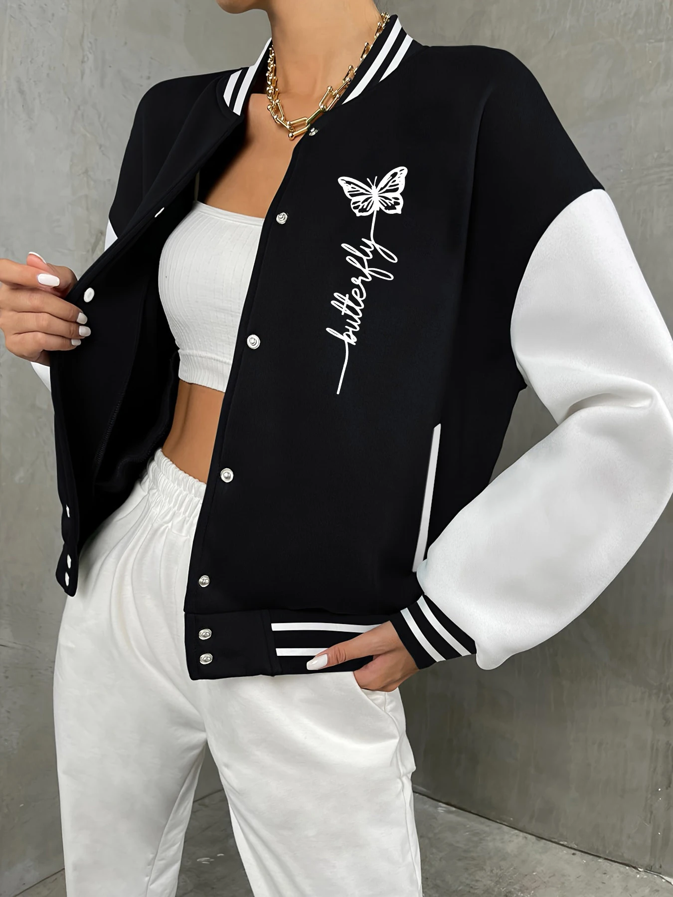 

Butterfly Cursive Typography Casual Coat Female Baseball Jacket Hip-Hop Streetwear Fleece Warm Jackets Winter Oversized Coats