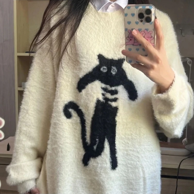 Chic Cartoon Knitted Pullovers Women Fashion Fluffy All-match Soft Young Popular Loose Leisure Long Sweaters Girls Sweet Ins New