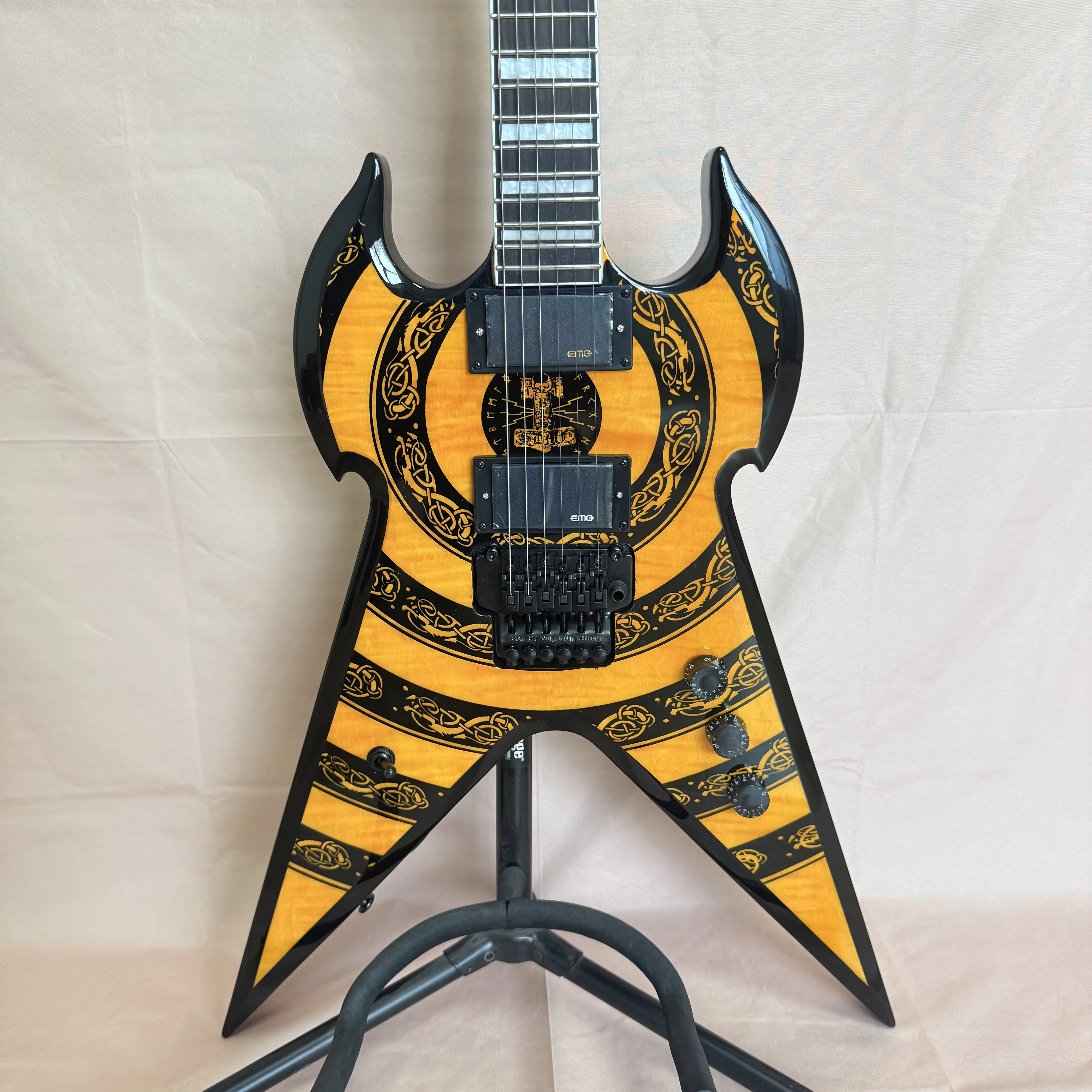 V Shape Electric Guitar Yellow Maple Top Black Totem Graphic Double Humbucker Tremolo Metal Guitar In Storck