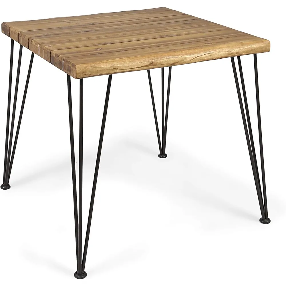 Audrey Indoor Industrial Acacia Wood Dining Table, Teak Finish, Rustic Metal