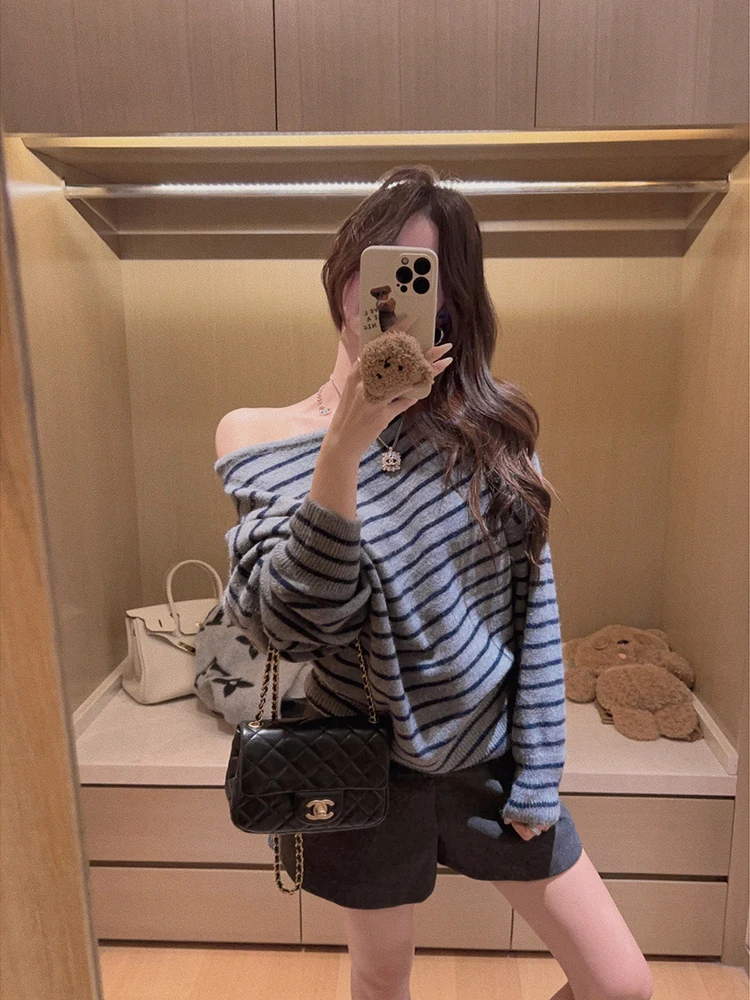 

Yukiss Thiened Stripe Knitwear Casual Loose Batwing Sve Women's T-irt oulder Design Casual Sle Long Sve Top