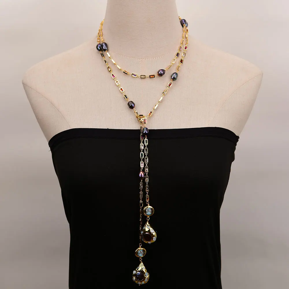 

GG 55'' Cultured Black Rice Pearl Colorful Rectangle Cz Paved Long Chain Necklace Blue Larimar Pearl Pendant