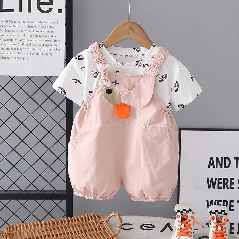 Girls Summer Suit 2026 New Baby Summer Clothes Cute Cartoon Short Sleeve T-shirt and Overalls Shorts Two Piece Set Kids Clothing