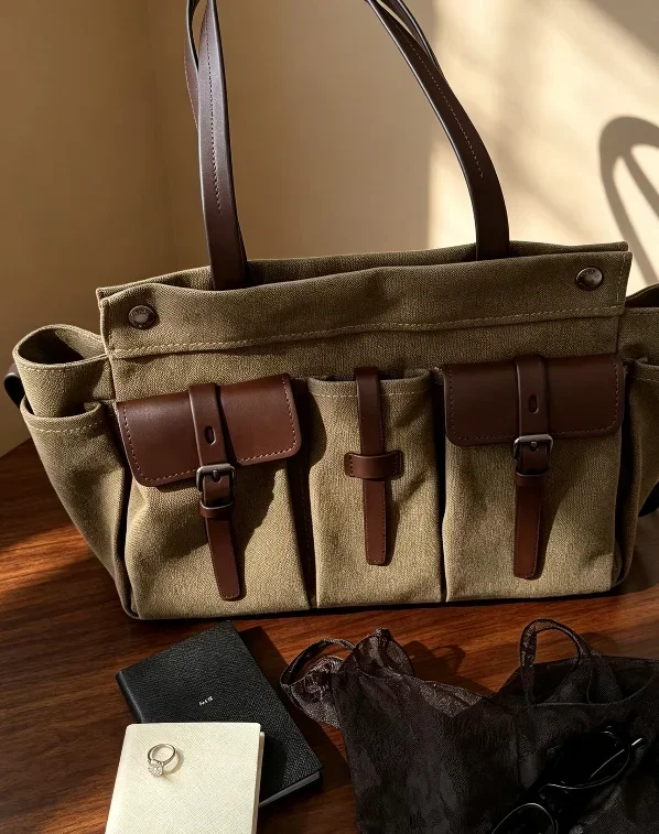 2026 New Fashion Canvas Shoulder Bag Olive Green Multifunctional Pockets Summer Casual